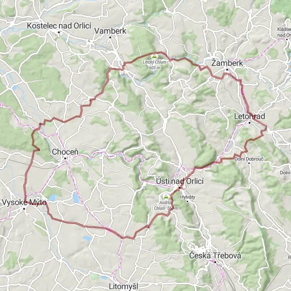 Mapa miniatúra "Gravel Kruhová trasa Lanšperk - Rozálka" cyklistická inšpirácia v Severovýchod, Czech Republic. Vygenerované cyklistickým plánovačom trás Tarmacs.app