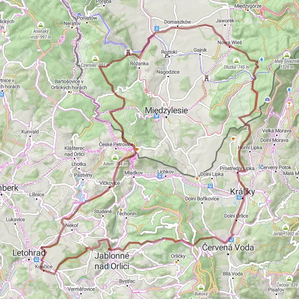 Map miniature of "Vlčkovice and Dolní Orlice Gravel Loop" cycling inspiration in Severovýchod, Czech Republic. Generated by Tarmacs.app cycling route planner