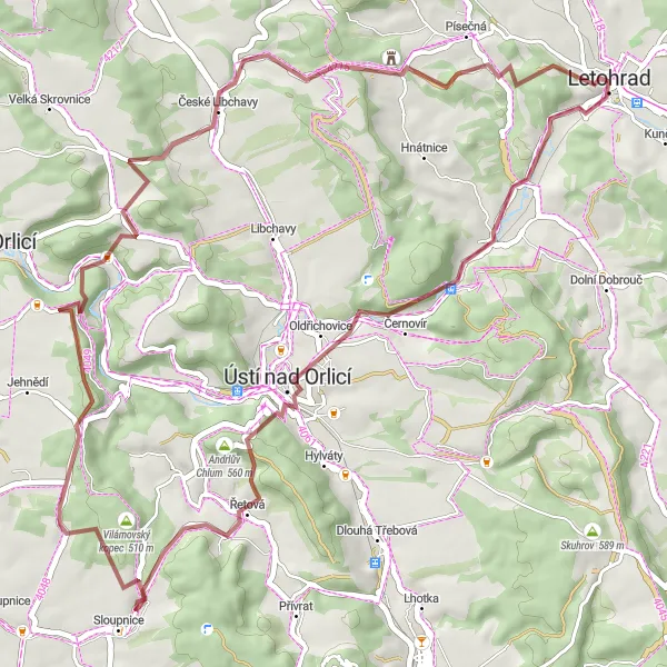 Miniatura mapy "Skrócona trasa na rowerze gravelowej z Letohrad, Czechy" - trasy rowerowej w Severovýchod, Czech Republic. Wygenerowane przez planer tras rowerowych Tarmacs.app