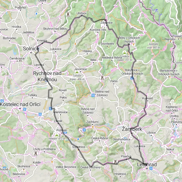 Map miniature of "Orlicke Mountains Epic Road Cycling Route" cycling inspiration in Severovýchod, Czech Republic. Generated by Tarmacs.app cycling route planner