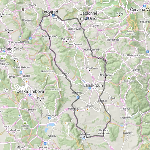 Miniaturní mapa "Cyklotrasa kolem historických památek" inspirace pro cyklisty v oblasti Severovýchod, Czech Republic. Vytvořeno pomocí plánovače tras Tarmacs.app