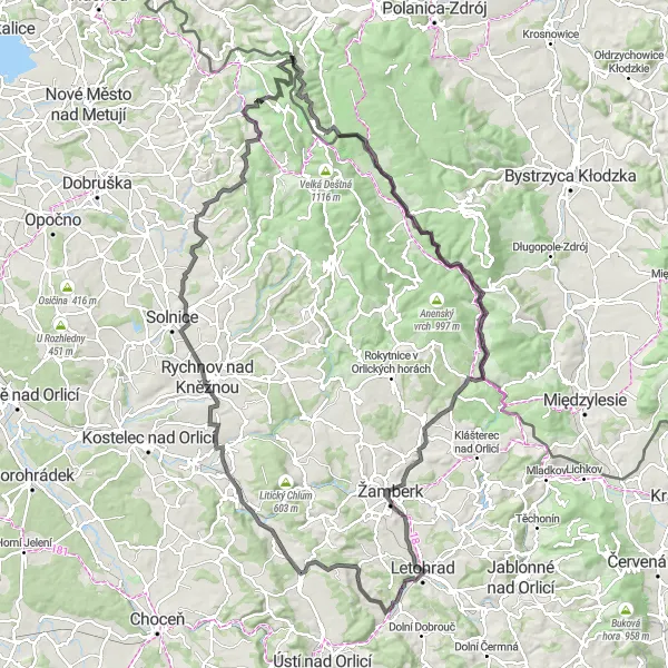 Mapa miniatúra "Výzva kolem Červené" cyklistická inšpirácia v Severovýchod, Czech Republic. Vygenerované cyklistickým plánovačom trás Tarmacs.app