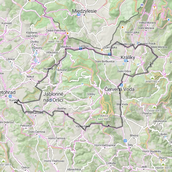 Map miniature of "Challenging Road Ride to Červená Voda and Bystřec" cycling inspiration in Severovýchod, Czech Republic. Generated by Tarmacs.app cycling route planner