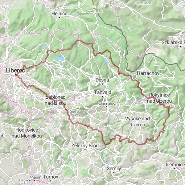 Miniaturní mapa "Gravel route kolem Liberce" inspirace pro cyklisty v oblasti Severovýchod, Czech Republic. Vytvořeno pomocí plánovače tras Tarmacs.app