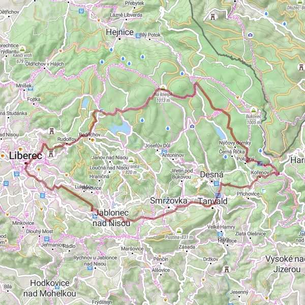 Mapa miniatúra "Gravel cyklotrasa Staré Město - Liberec" cyklistická inšpirácia v Severovýchod, Czech Republic. Vygenerované cyklistickým plánovačom trás Tarmacs.app