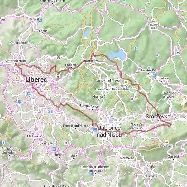 Miniaturní mapa "Gravel Trasa kolem Liberce" inspirace pro cyklisty v oblasti Severovýchod, Czech Republic. Vytvořeno pomocí plánovače tras Tarmacs.app