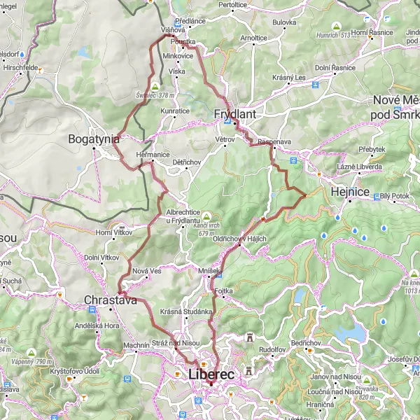 Miniaturní mapa "Gravel route from Liberec to Stráž nad Nisou and back" inspirace pro cyklisty v oblasti Severovýchod, Czech Republic. Vytvořeno pomocí plánovače tras Tarmacs.app