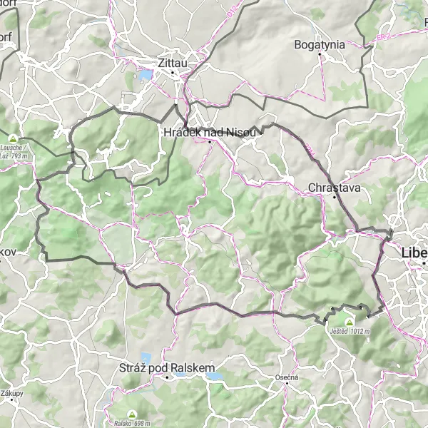 Miniaturní mapa "Road Kolem Liberce" inspirace pro cyklisty v oblasti Severovýchod, Czech Republic. Vytvořeno pomocí plánovače tras Tarmacs.app