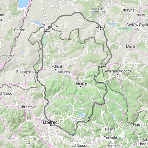 Miniaturní mapa "Road Výlet kolem Liberce" inspirace pro cyklisty v oblasti Severovýchod, Czech Republic. Vytvořeno pomocí plánovače tras Tarmacs.app