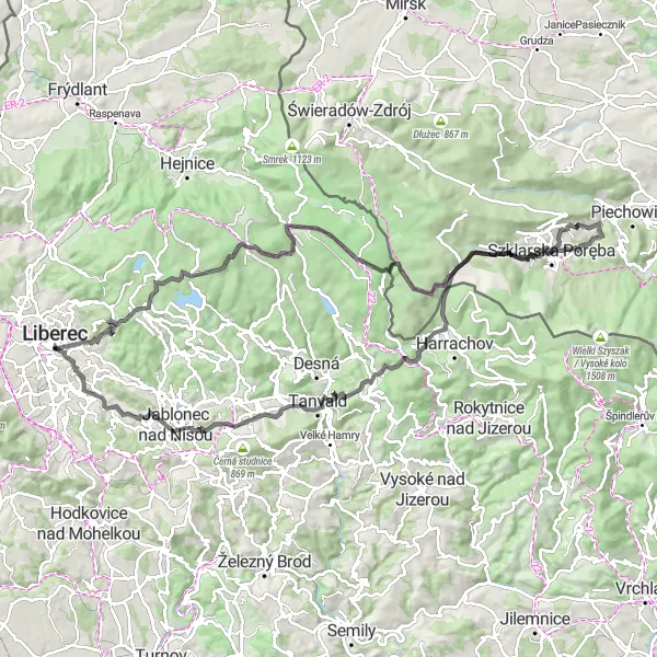 Mapa miniatúra "Panoramatický okruh kolem Starého Města" cyklistická inšpirácia v Severovýchod, Czech Republic. Vygenerované cyklistickým plánovačom trás Tarmacs.app