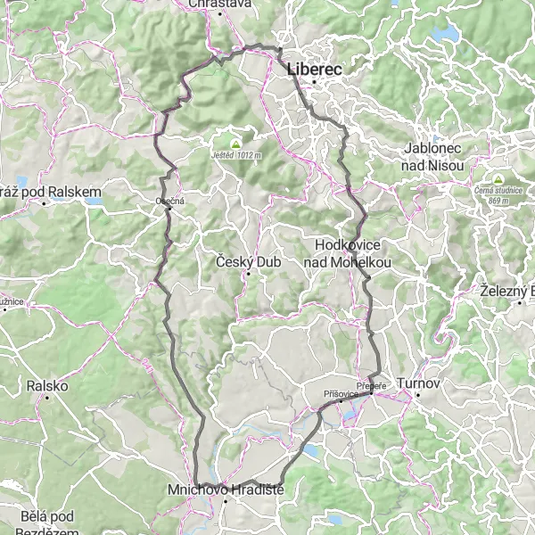 Miniaturní mapa "Road cycling route near Liberec" inspirace pro cyklisty v oblasti Severovýchod, Czech Republic. Vytvořeno pomocí plánovače tras Tarmacs.app