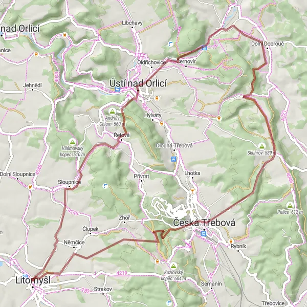 Map miniature of "Discover Zhořský kopec" cycling inspiration in Severovýchod, Czech Republic. Generated by Tarmacs.app cycling route planner
