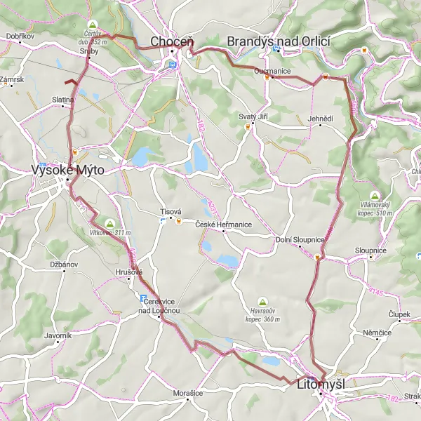 Mapa miniatúra "Okružie cez lesy a lúky" cyklistická inšpirácia v Severovýchod, Czech Republic. Vygenerované cyklistickým plánovačom trás Tarmacs.app