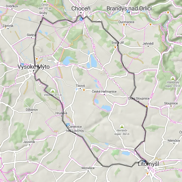 Miniaturní mapa "Road Cycling Adventure in the Pardubice Region" inspirace pro cyklisty v oblasti Severovýchod, Czech Republic. Vytvořeno pomocí plánovače tras Tarmacs.app