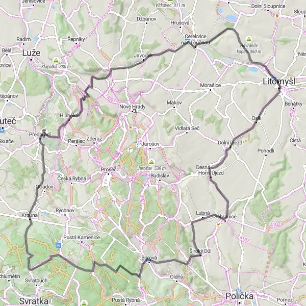 Mapa miniatúra "Cyklotrasa Dolní Újezd - Havranův kopec" cyklistická inšpirácia v Severovýchod, Czech Republic. Vygenerované cyklistickým plánovačom trás Tarmacs.app