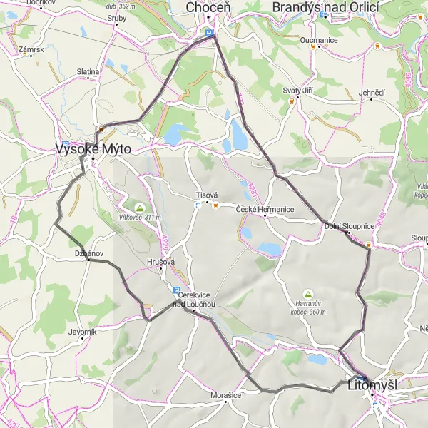 Miniaturní mapa "Kolem Litomyšle a okolí" inspirace pro cyklisty v oblasti Severovýchod, Czech Republic. Vytvořeno pomocí plánovače tras Tarmacs.app