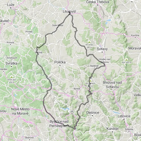 Miniaturní mapa "Náročný okruh okolo Litomyšle" inspirace pro cyklisty v oblasti Severovýchod, Czech Republic. Vytvořeno pomocí plánovače tras Tarmacs.app