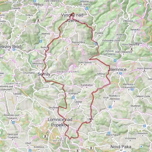 Miniaturní mapa "Extreme gravelový okruh kolem Lomnice nad Popelkou" inspirace pro cyklisty v oblasti Severovýchod, Czech Republic. Vytvořeno pomocí plánovače tras Tarmacs.app