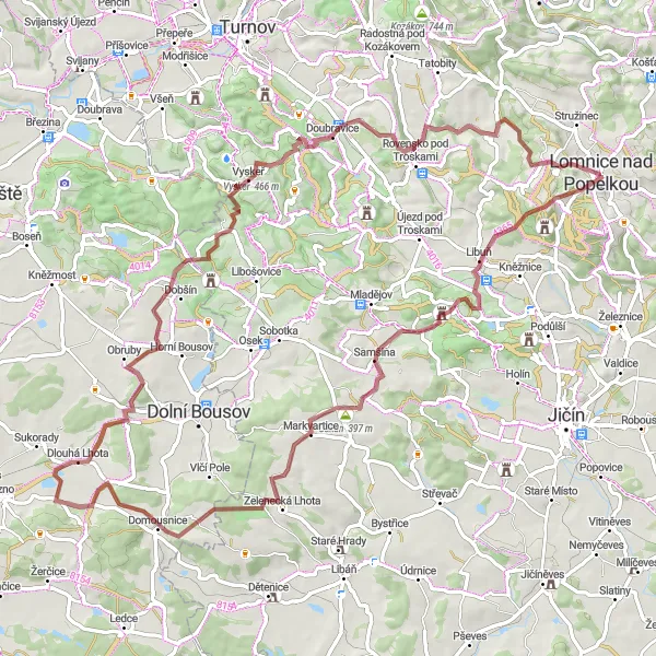 Miniaturní mapa "Gravelová trasa Lomnice nad Popelkou" inspirace pro cyklisty v oblasti Severovýchod, Czech Republic. Vytvořeno pomocí plánovače tras Tarmacs.app