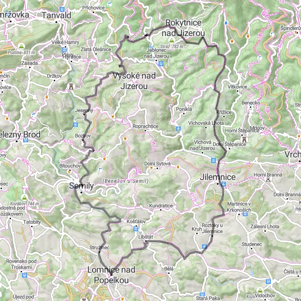 Miniaturní mapa "Okruh kolem Lomnice nad Popelkou" inspirace pro cyklisty v oblasti Severovýchod, Czech Republic. Vytvořeno pomocí plánovače tras Tarmacs.app