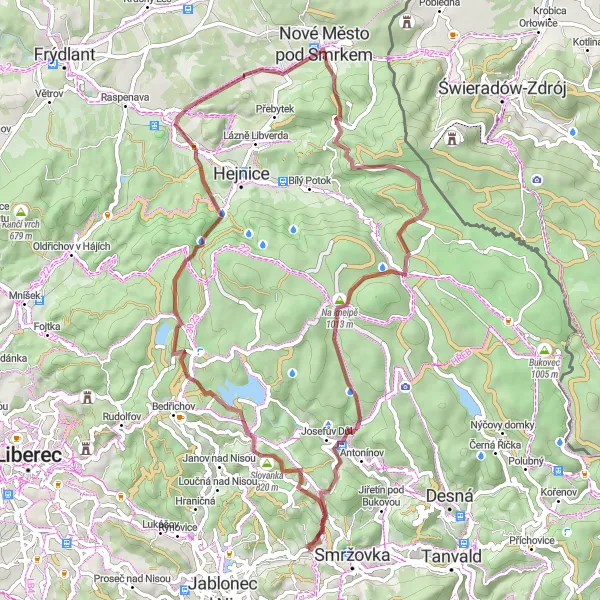 Miniaturní mapa "Gravel Tour Around Lučany nad Nisou" inspirace pro cyklisty v oblasti Severovýchod, Czech Republic. Vytvořeno pomocí plánovače tras Tarmacs.app
