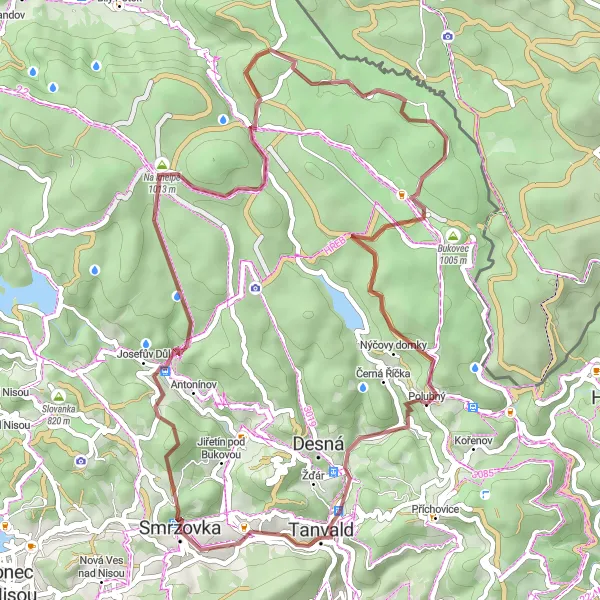 Miniaturní mapa "Scenic Gravel Loop from Lučany nad Nisou" inspirace pro cyklisty v oblasti Severovýchod, Czech Republic. Vytvořeno pomocí plánovače tras Tarmacs.app