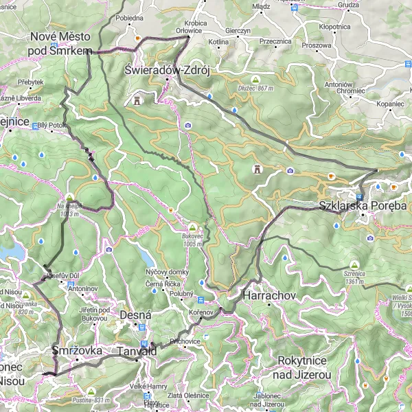 Miniaturní mapa "Ultimate Road Cycling Challenge in Severovýchod" inspirace pro cyklisty v oblasti Severovýchod, Czech Republic. Vytvořeno pomocí plánovače tras Tarmacs.app