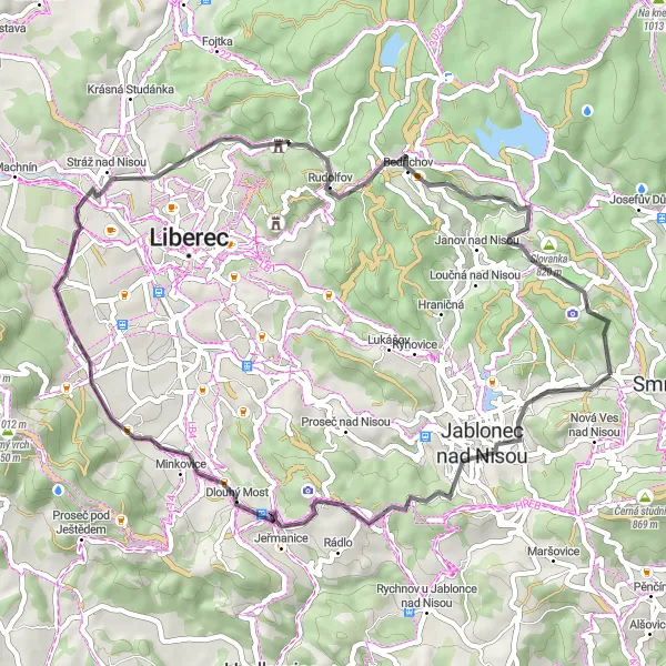 Miniaturní mapa "Road Cycling Adventure near Lučany nad Nisou" inspirace pro cyklisty v oblasti Severovýchod, Czech Republic. Vytvořeno pomocí plánovače tras Tarmacs.app