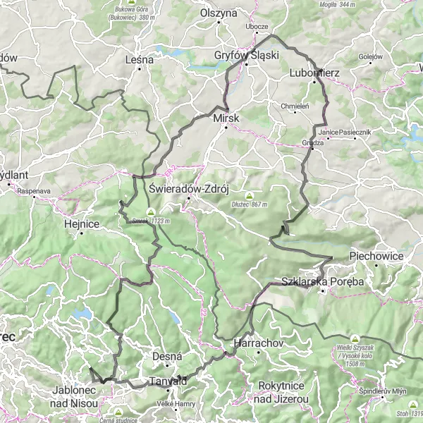 Miniatura mapy "Przejażdżka szosowa z Lučany nad Nisou" - trasy rowerowej w Severovýchod, Czech Republic. Wygenerowane przez planer tras rowerowych Tarmacs.app