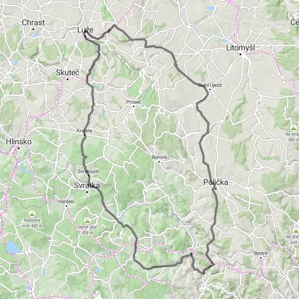 Karten-Miniaturansicht der Radinspiration "Abenteuerliche Schottertour von Luže" in Severovýchod, Czech Republic. Erstellt vom Tarmacs.app-Routenplaner für Radtouren