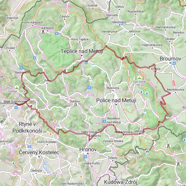 Miniaturní mapa "Náročná gravelová trasa s výhledy kolem Malých Svatoňovic" inspirace pro cyklisty v oblasti Severovýchod, Czech Republic. Vytvořeno pomocí plánovače tras Tarmacs.app