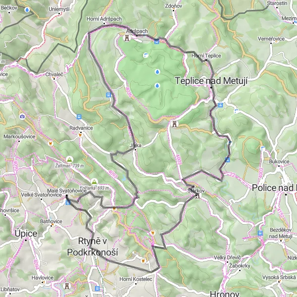 Miniaturní mapa "Okružní cyklistická trasa severovýchodně od Malých Svatoňovic" inspirace pro cyklisty v oblasti Severovýchod, Czech Republic. Vytvořeno pomocí plánovače tras Tarmacs.app