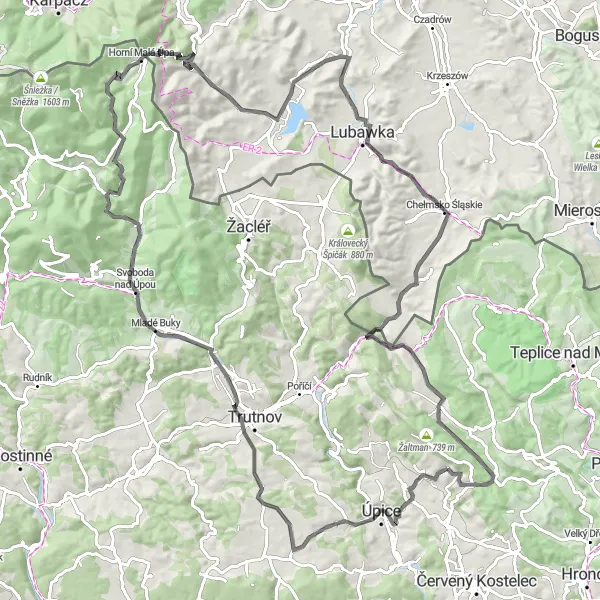 Miniaturní mapa "Náročná cyklistická trasa s krásnými výhledy okolo Malých Svatoňovic" inspirace pro cyklisty v oblasti Severovýchod, Czech Republic. Vytvořeno pomocí plánovače tras Tarmacs.app