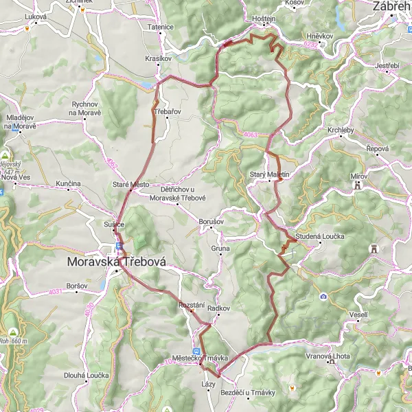 Miniatura mapy "Wyprawa Gravelowa do Pěčíkova" - trasy rowerowej w Severovýchod, Czech Republic. Wygenerowane przez planer tras rowerowych Tarmacs.app