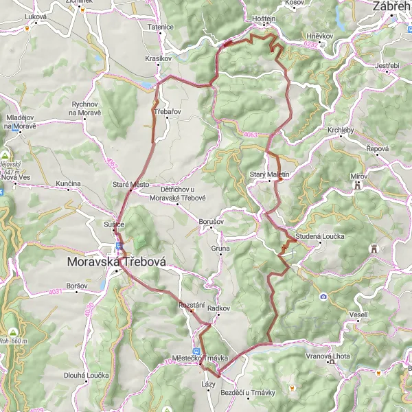 Map miniature of "The Gravel Adventure" cycling inspiration in Severovýchod, Czech Republic. Generated by Tarmacs.app cycling route planner