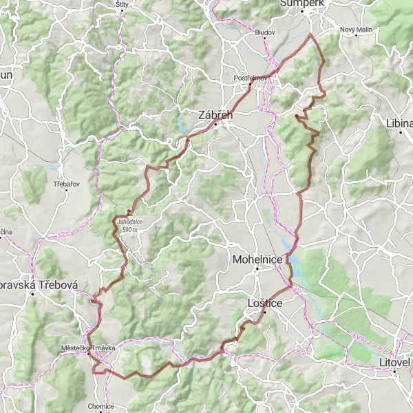 Map miniature of "Gravel Adventure: Loštice Loop" cycling inspiration in Severovýchod, Czech Republic. Generated by Tarmacs.app cycling route planner