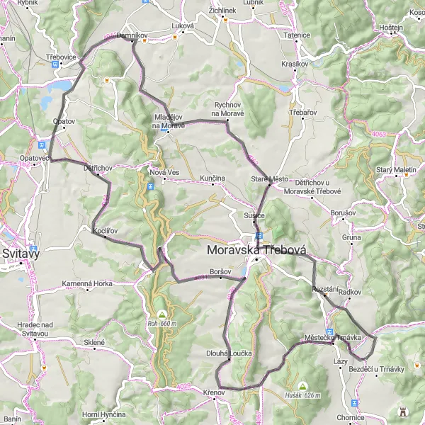 Karten-Miniaturansicht der Radinspiration "Bergiges Straßenradfahren nach Městečko Trnávka" in Severovýchod, Czech Republic. Erstellt vom Tarmacs.app-Routenplaner für Radtouren