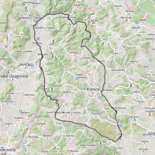 Mapa miniatúra "Road cyklotrasa cez okolie" cyklistická inšpirácia v Severovýchod, Czech Republic. Vygenerované cyklistickým plánovačom trás Tarmacs.app