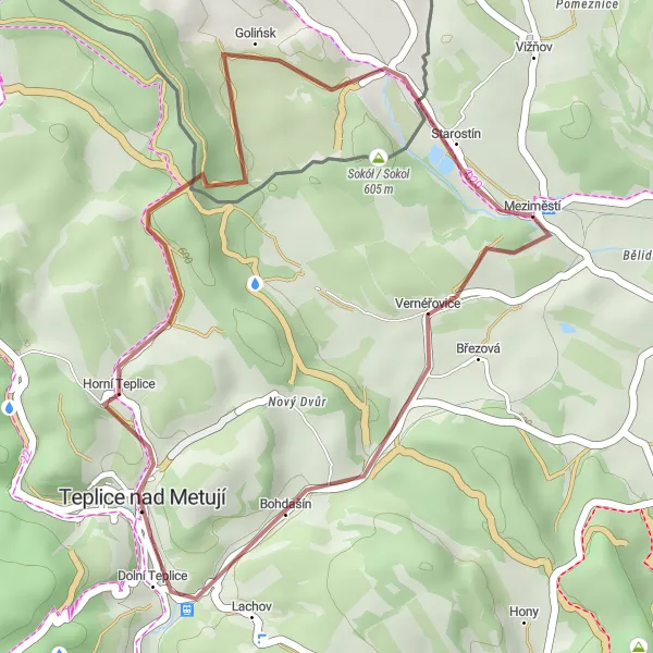 Mapa miniatúra "Gravelová trasa Horní Teplice - Meziměstí" cyklistická inšpirácia v Severovýchod, Czech Republic. Vygenerované cyklistickým plánovačom trás Tarmacs.app