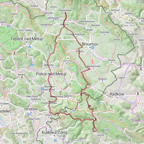 Mapa miniatúra "Gravelová cyklotrasa Jetřichov - Nad Březinou" cyklistická inšpirácia v Severovýchod, Czech Republic. Vygenerované cyklistickým plánovačom trás Tarmacs.app