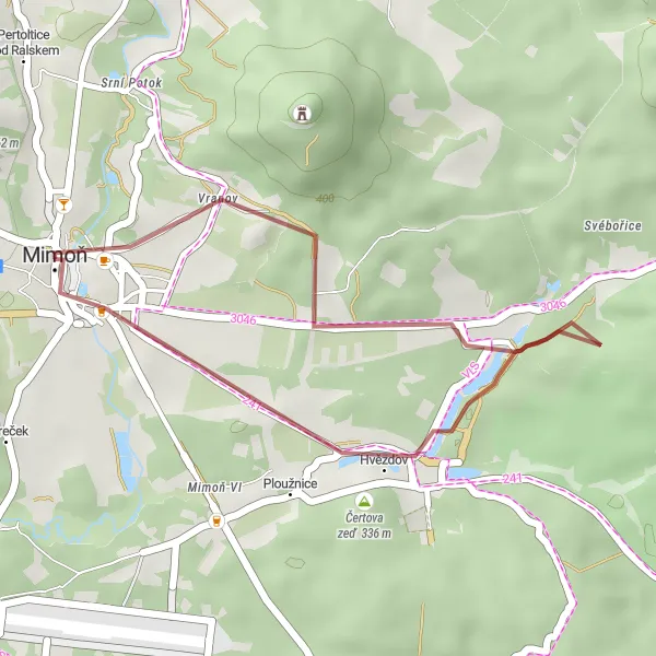 Miniaturní mapa "Short Gravel Adventure near Mimoň" inspirace pro cyklisty v oblasti Severovýchod, Czech Republic. Vytvořeno pomocí plánovače tras Tarmacs.app