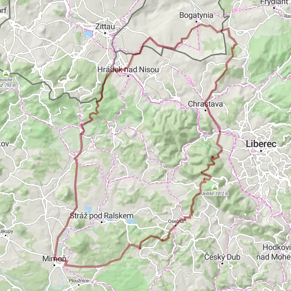 Map miniature of "Kněžice to Mimoň III Gravel Route" cycling inspiration in Severovýchod, Czech Republic. Generated by Tarmacs.app cycling route planner