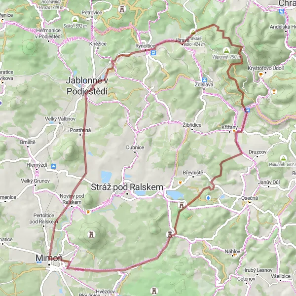 Miniaturní mapa "Challenging Gravel Circuit from Mimoň" inspirace pro cyklisty v oblasti Severovýchod, Czech Republic. Vytvořeno pomocí plánovače tras Tarmacs.app