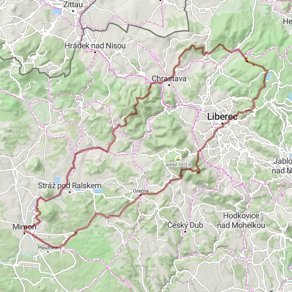 Mapa miniatúra "Náročný okruh okolo Mimoňa: Objavte poklady severovýchodního Česka" cyklistická inšpirácia v Severovýchod, Czech Republic. Vygenerované cyklistickým plánovačom trás Tarmacs.app