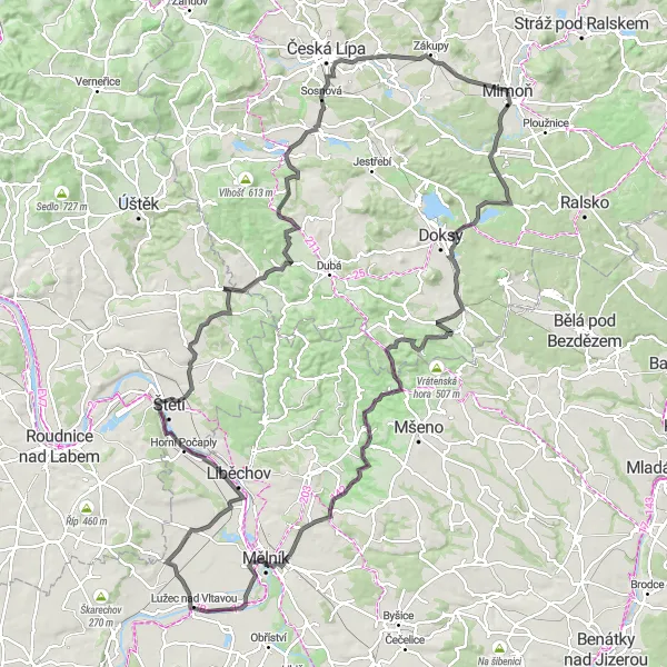 Miniaturní mapa "Kolem Kokořínského Dolu a Mělníka" inspirace pro cyklisty v oblasti Severovýchod, Czech Republic. Vytvořeno pomocí plánovače tras Tarmacs.app