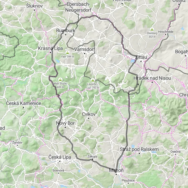 Map miniature of "Mimoň Adventure" cycling inspiration in Severovýchod, Czech Republic. Generated by Tarmacs.app cycling route planner