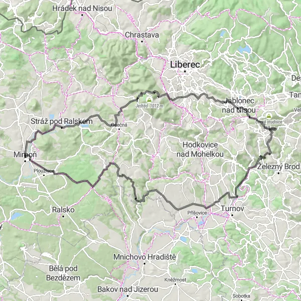 Karten-Miniaturansicht der Radinspiration "Břevniště und Čertova Stěna Rundfahrroute" in Severovýchod, Czech Republic. Erstellt vom Tarmacs.app-Routenplaner für Radtouren