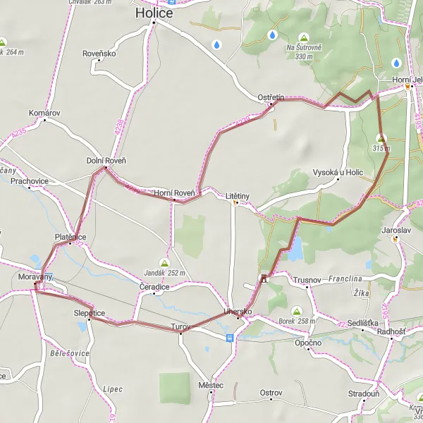 Miniaturní mapa "Zelený okruh okolo Moravan - Gravel" inspirace pro cyklisty v oblasti Severovýchod, Czech Republic. Vytvořeno pomocí plánovače tras Tarmacs.app