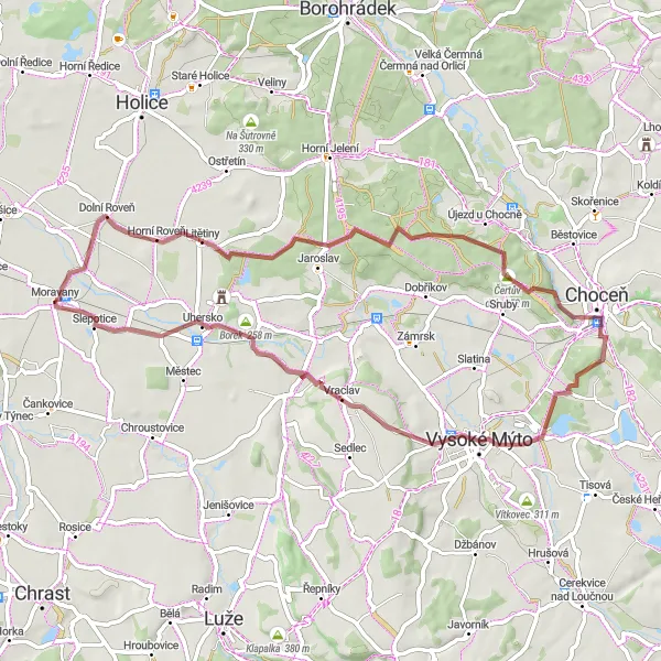 Miniaturní mapa "Okružní cyklistická trasa z Moravan (Severovýchod, Česká republika)" inspirace pro cyklisty v oblasti Severovýchod, Czech Republic. Vytvořeno pomocí plánovače tras Tarmacs.app