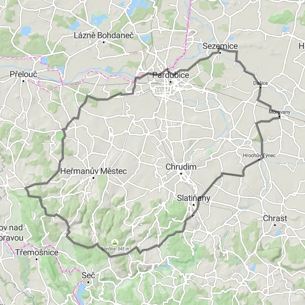 Map miniature of "Moravany - Nabočany - Na Chlumu - Šiškovice - Prachovice - Skála - Choltice - U křížku - Kladina - Moravanský" cycling inspiration in Severovýchod, Czech Republic. Generated by Tarmacs.app cycling route planner
